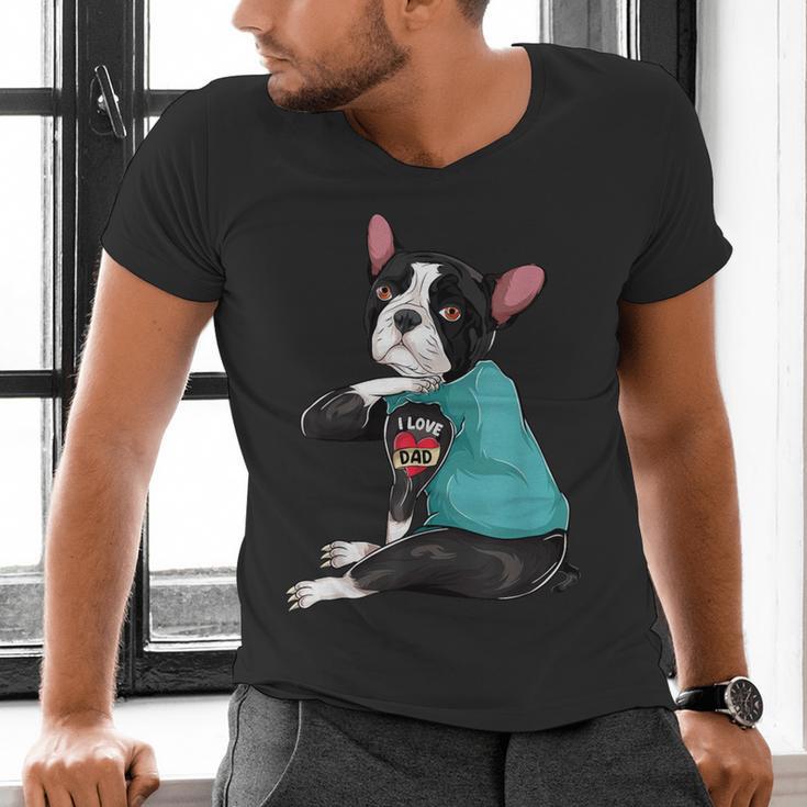 Father's Day Gift Dog Dad Boston Terrier i Love Dad Tattoo Men's V-Neck T-Shirt, Boston Terrier Dad Shirts, gift for family, gift for coworker