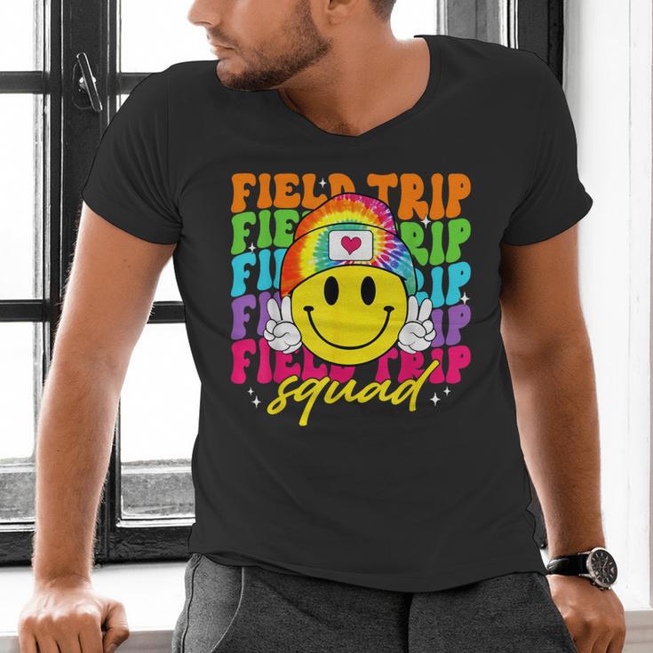 Field Trip Squad Groovy Field Day Smile Face Teacher Tie Dye Men's V-Neck T-Shirt, Groovy Teacher Shirts, gift for family, gift for coworker