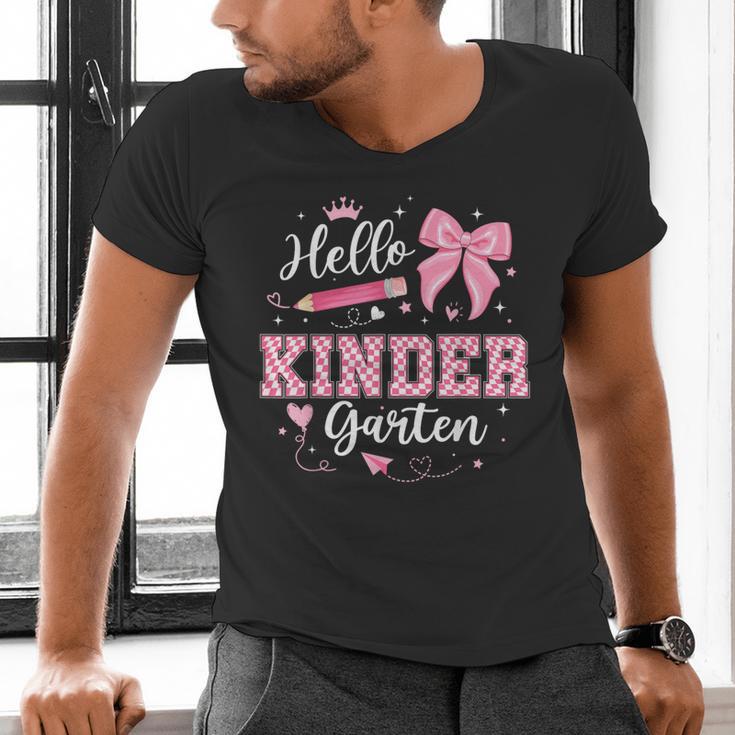 First Day Of School Teacher Girl Coquette Hello Kindergarten Men's V-Neck T-Shirt, gift for family, gift for coworker First Day Of School Teacher Girl Coquette Hello Kindergarten Men's V-Neck T-Shirt, gift for family, gift for coworker