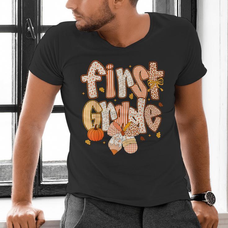 First Grade Fall Floral Coquette Bow Teachers Students Men's V-Neck T-Shirt, First Grade Teacher Shirts, gift for family, gift for coworker First Grade Fall Floral Coquette Bow Teachers Students Men's V-Neck T-Shirt, First Grade Teacher Shirts, gift for family, gift for coworker