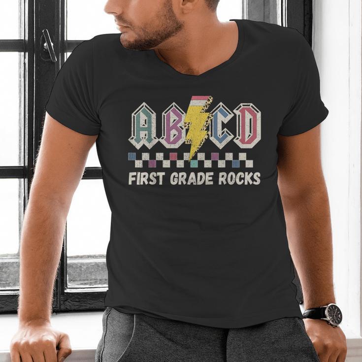 First Grade Rocks Teachers Back To School ABCD Rock Students Men's V-Neck T-Shirt, First Grade Teacher Shirts, gift for family, gift for coworker First Grade Rocks Teachers Back To School ABCD Rock Students Men's V-Neck T-Shirt, First Grade Teacher Shirts, gift for family, gift for coworker