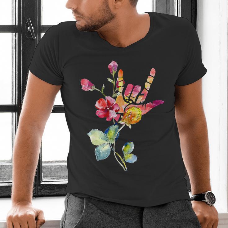 Flower American Sign Language ASL Teacher Teaching Deaf Men's V-Neck T-Shirt, gift for family, gift for coworker