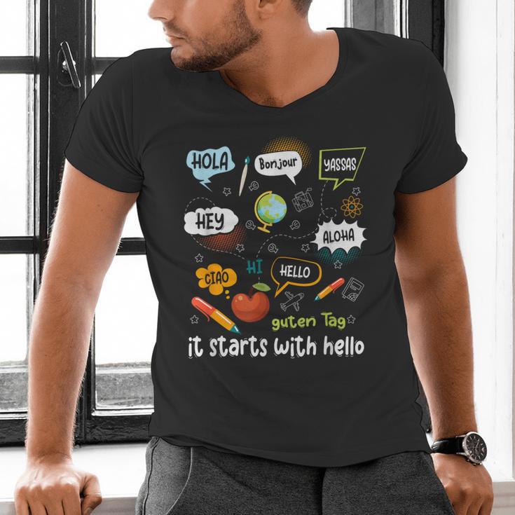 Friendship Inclusion Language Teacher It Starts With Hello Men's V-Neck T-Shirt, gift for family, gift for coworker Friendship Inclusion Language Teacher It Starts With Hello Men's V-Neck T-Shirt, gift for family, gift for coworker