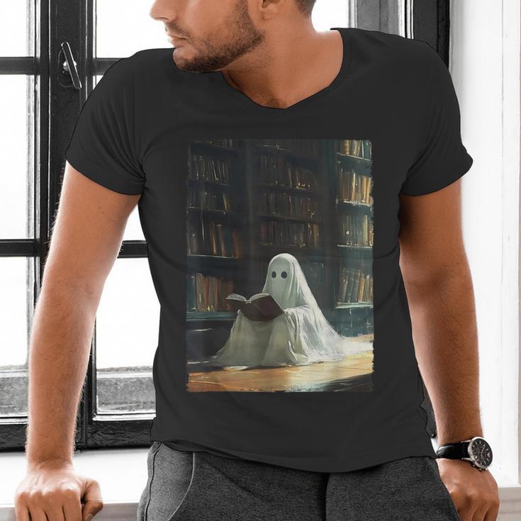 Ghost Library Halloween Book Reading Books Lover Teacher Men's V-Neck T-Shirt, gift for family, gift for coworker