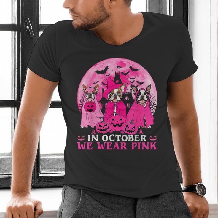 Ghost And Witch Boston Terrier Dog In October We Wear Pink Men's V-Neck T-Shirt, Boston Terrier Ghost Shirts, gift for family, gift for coworker