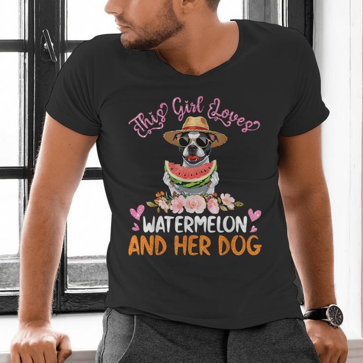 This Girl Loves Watermelon And Her Boston Terrier Dog Mother Men's V-Neck T-Shirt, gift for family, gift for coworker
