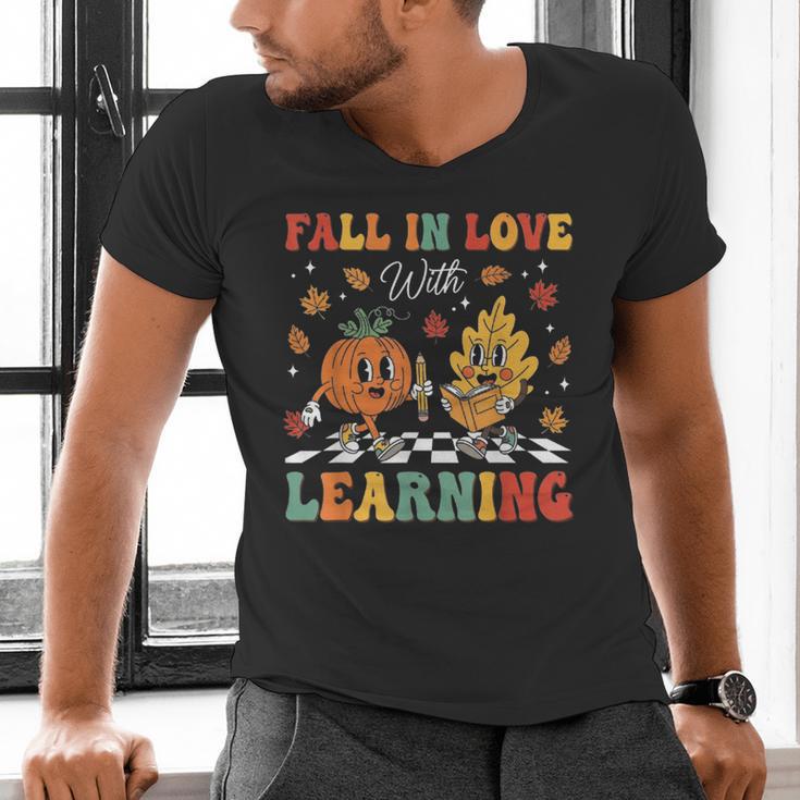 Groovy Fall In Love With Learning Autumn Pumpkin Teacher Men's V-Neck T-Shirt, Groovy Teacher Shirts, gift for family, gift for coworker Groovy Fall In Love With Learning Autumn Pumpkin Teacher Men's V-Neck T-Shirt, Groovy Teacher Shirts, gift for family, gift for coworker