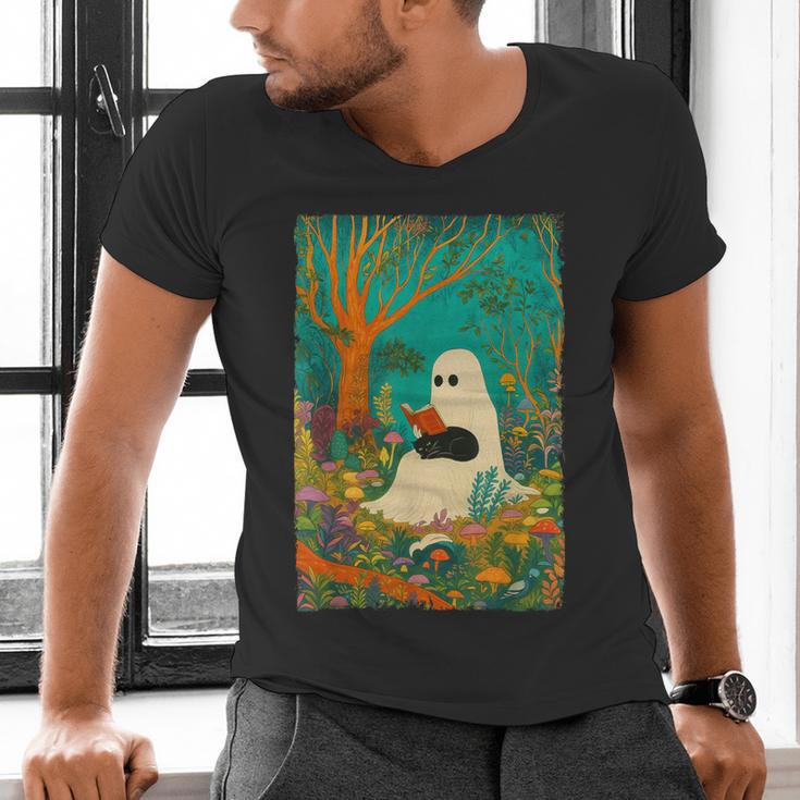 Groovy Ghost Reading Book Cat Halloween Ghost Teacher Men's V-Neck T-Shirt, Groovy Teacher Shirts, gift for family, gift for coworker Groovy Ghost Reading Book Cat Halloween Ghost Teacher Men's V-Neck T-Shirt, Groovy Teacher Shirts, gift for family, gift for coworker