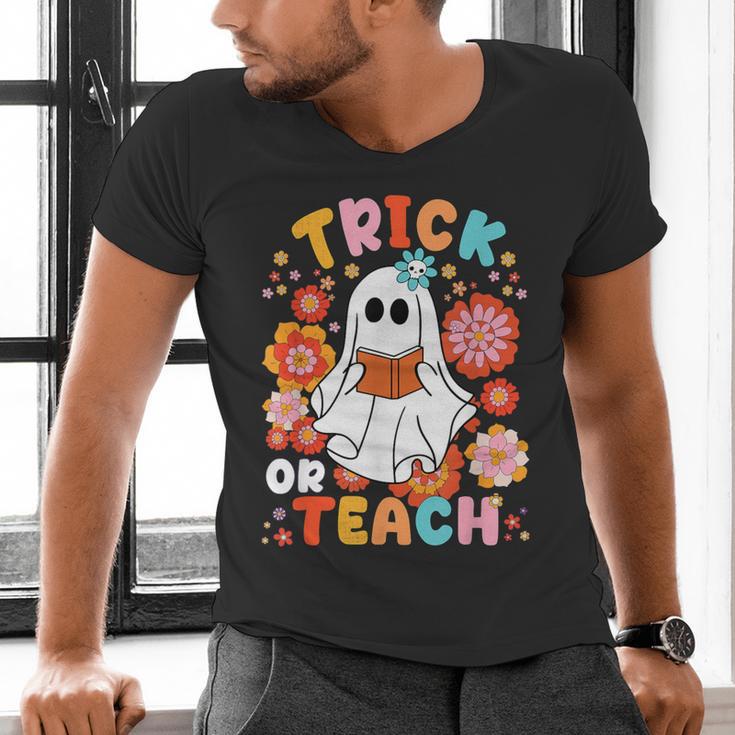 Groovy Halloween Trick Or Teach Retro Floral Ghost Teacher For Men Women Kids Men's V-Neck T-Shirt, Groovy Teacher Shirts, gift for family, gift for coworker