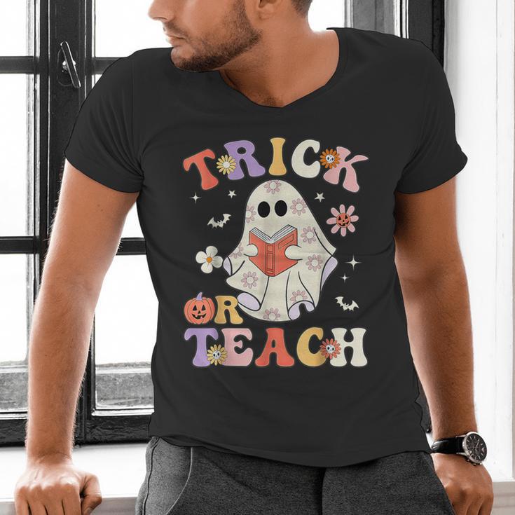 Groovy Halloween Trick Or Teach Retro Floral Ghost Teacher Men's V-Neck T-Shirt, Groovy Teacher Shirts, gift for family, gift for coworker Groovy Halloween Trick Or Teach Retro Floral Ghost Teacher Men's V-Neck T-Shirt, Groovy Teacher Shirts, gift for family, gift for coworker