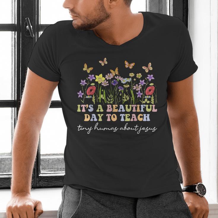 Groovy I Teach Tiny Humans About Jesus Christian Teacher Men's V-Neck T-Shirt, Groovy Teacher Shirts, gift for family, gift for coworker