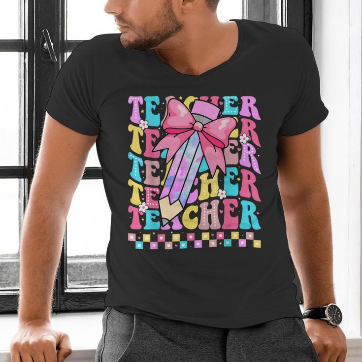 Groovy Teacher Cute Coquette Bow Flower Retro Back To School Men's V-Neck T-Shirt, Groovy Teacher Shirts, gift for family, gift for coworker