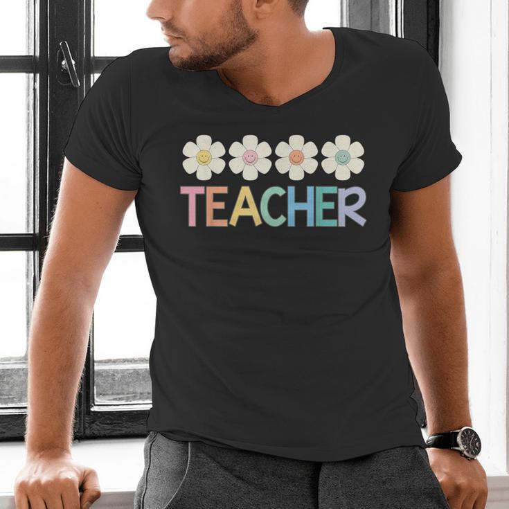 Groovy Teacher Cute Daisy Flower Retro Back To School Men's V-Neck T-Shirt, Groovy Teacher Shirts, gift for family, gift for coworker