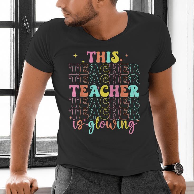 Groovy This Teacher Is Glowing Hello Summer End Of School Men's V-Neck T-Shirt, Groovy Teacher Shirts, gift for family, gift for coworker