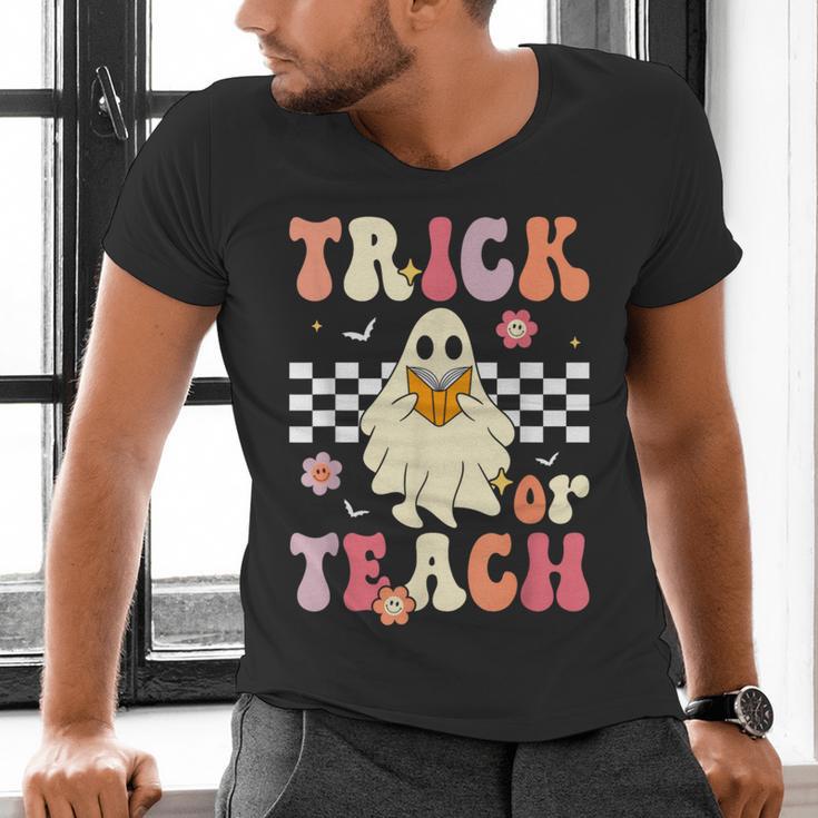 Groovy Teacher Halloween Retro Trick Or Teach Floral Ghost Men's V-Neck T-Shirt, Groovy Teacher Shirts, gift for family, gift for coworker Groovy Teacher Halloween Retro Trick Or Teach Floral Ghost Men's V-Neck T-Shirt, Groovy Teacher Shirts, gift for family, gift for coworker