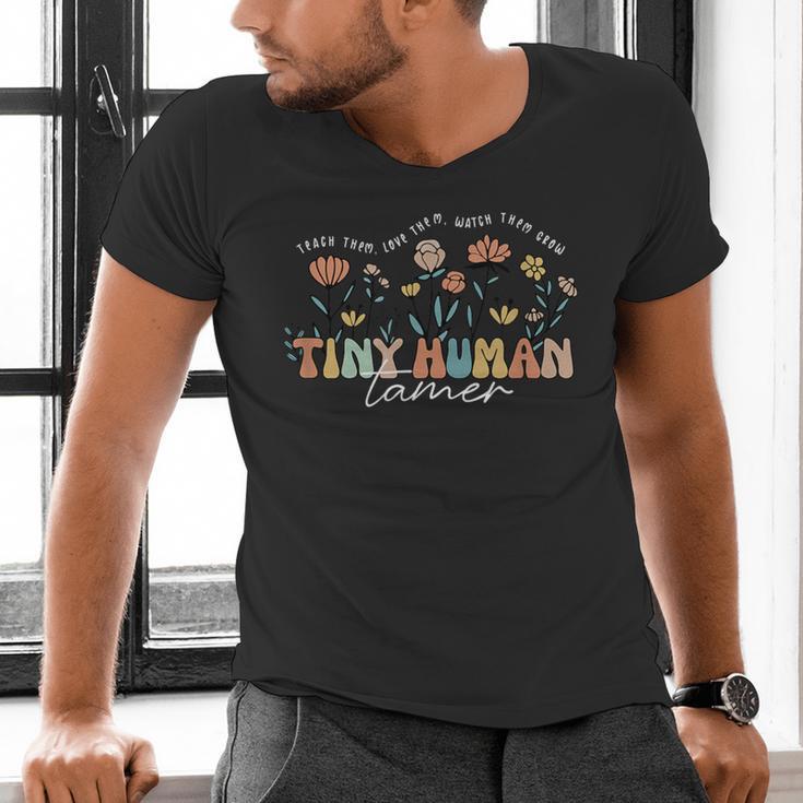 Groovy Tiny Human Tamer Floral Kindergarten Teacher Men's V-Neck T-Shirt, Groovy Teacher Shirts, gift for family, gift for coworker Groovy Tiny Human Tamer Floral Kindergarten Teacher Men's V-Neck T-Shirt, Groovy Teacher Shirts, gift for family, gift for coworker
