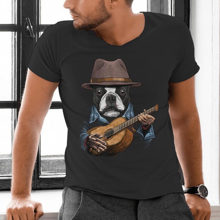 Guitar Shirt Boston Terrier Dog Playing Acoustic Guitar Men's V-Neck T-Shirt, gift for family, gift for coworker