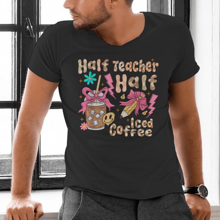 Half Teacher Half Iced Coffee Back To School Men's V-Neck T-Shirt, gift for family, gift for coworker