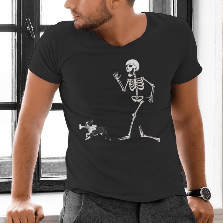 Halloween Boston Terrier And Skeleton Men's V-Neck T-Shirt, Boston Terrier Halloween Shirts, gift for family, gift for coworker