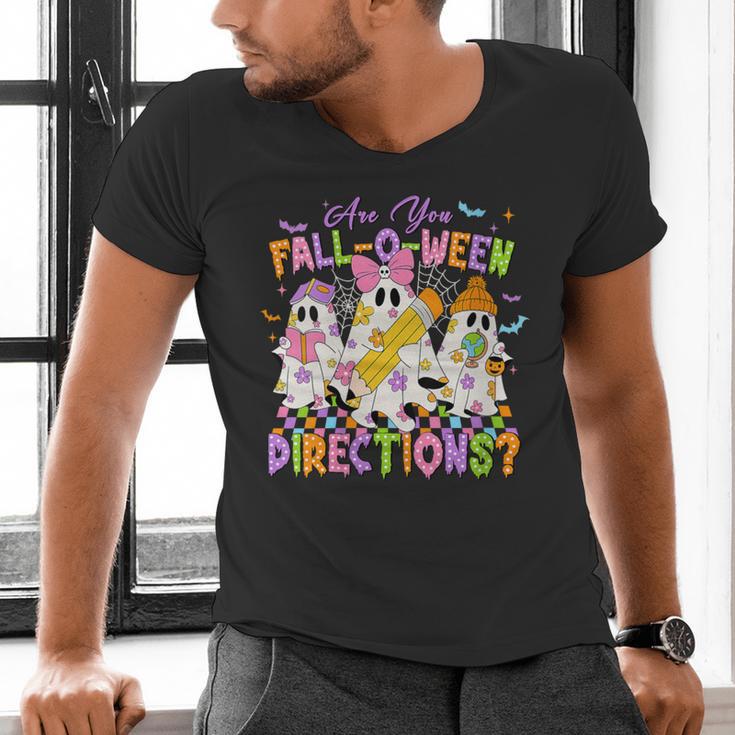 Halloween Floral Ghost Teacher Are You Falloween Directions Men's V-Neck T-Shirt, gift for family, gift for coworker