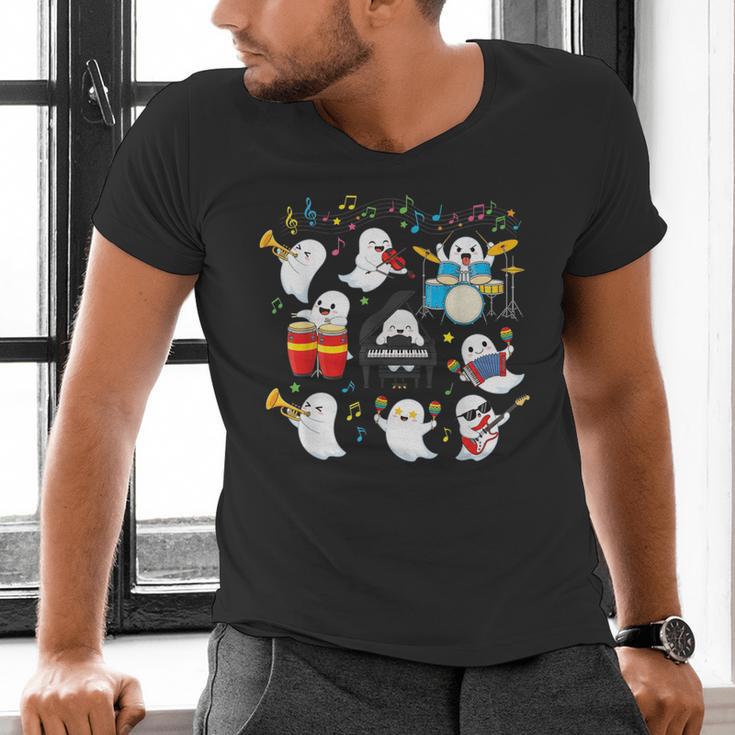 Halloween Music Teacher Ghost Playing Musical Instruments Men's V-Neck T-Shirt, gift for family, gift for coworker