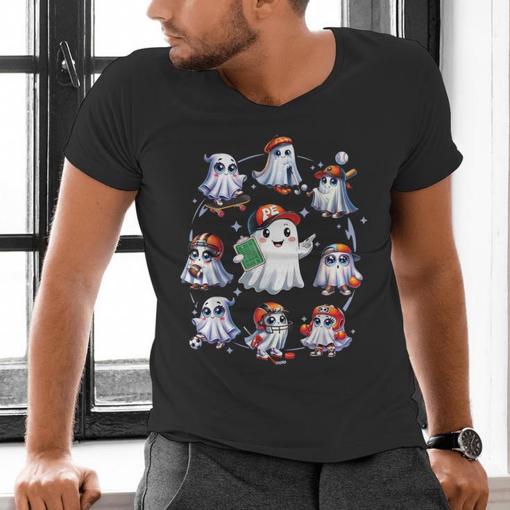 Halloween PE Teacher Ghost Playing Sports Physical Education Men's V-Neck T-Shirt, Pe Teacher Shirts, gift for family, gift for coworker Halloween PE Teacher Ghost Playing Sports Physical Education Men's V-Neck T-Shirt, Pe Teacher Shirts, gift for family, gift for coworker