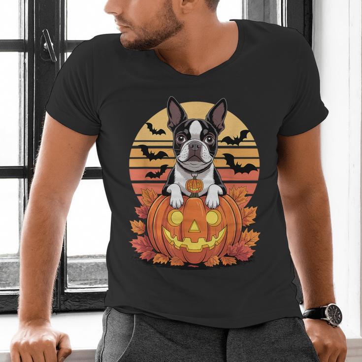 Halloween Retro Boston Terrier Men's V-Neck T-Shirt, Boston Terrier Halloween Shirts, gift for family, gift for coworker