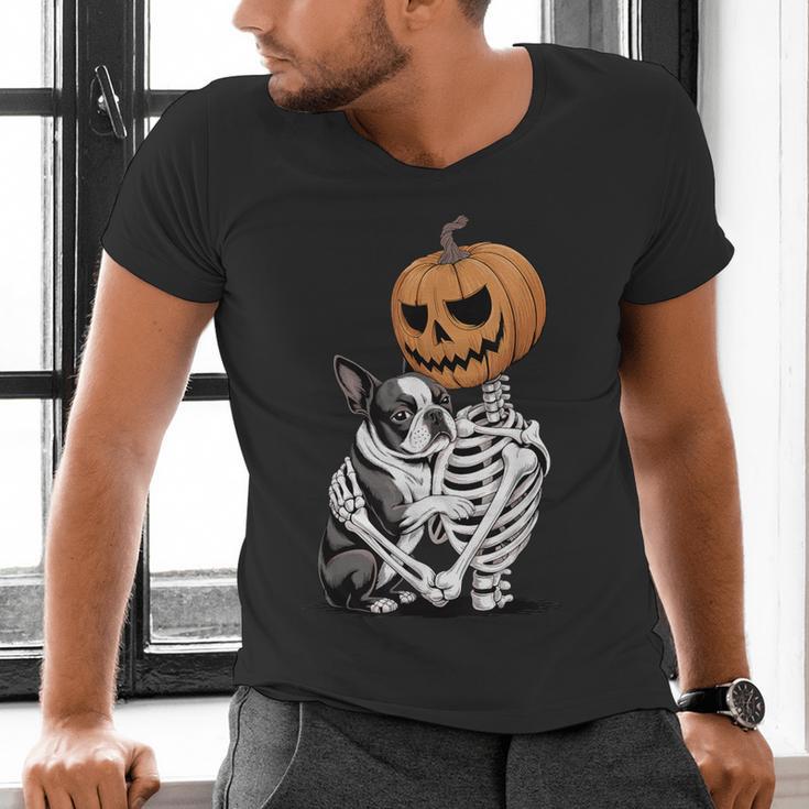 Halloween Skeleton Boston Terrier Men's V-Neck T-Shirt, Boston Terrier Halloween Shirts, gift for family, gift for coworker