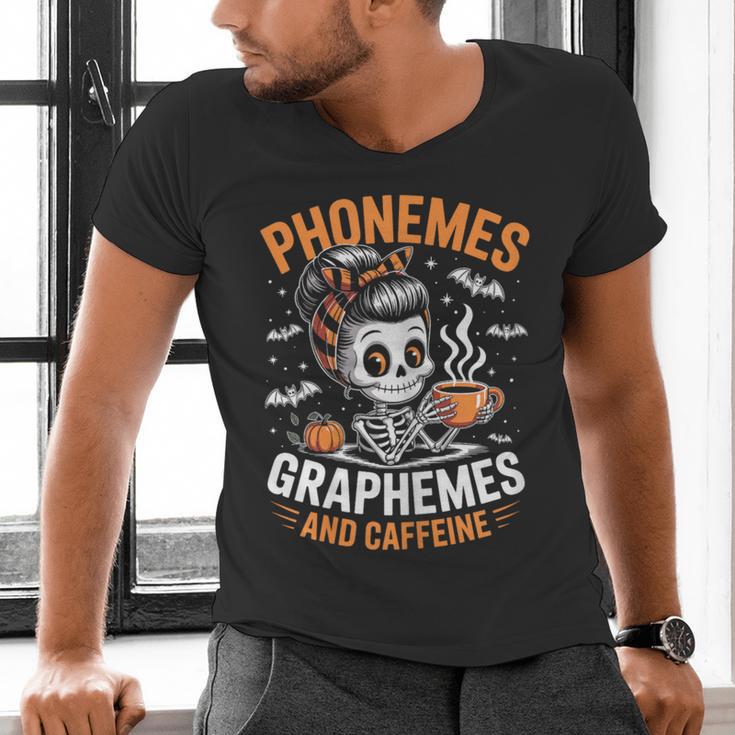 Halloween Skeleton Teacher Phonemes Graphemes Caffeine Lover Men's V-Neck T-Shirt, gift for family, gift for coworker Halloween Skeleton Teacher Phonemes Graphemes Caffeine Lover Men's V-Neck T-Shirt, gift for family, gift for coworker