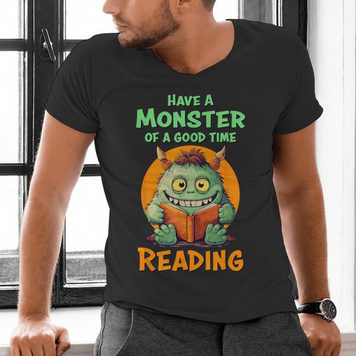 Halloween Teacher Librarian Monster Reading Books Men Women Kids Men's V-Neck T-Shirt, gift for family, gift for coworker