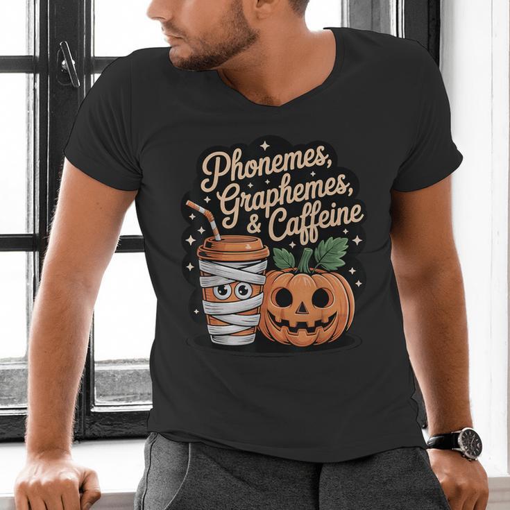 Halloween Teacher Phonemes Graphemes Caffeine Coffee Lover Men's V-Neck T-Shirt, gift for family, gift for coworker Halloween Teacher Phonemes Graphemes Caffeine Coffee Lover Men's V-Neck T-Shirt, gift for family, gift for coworker