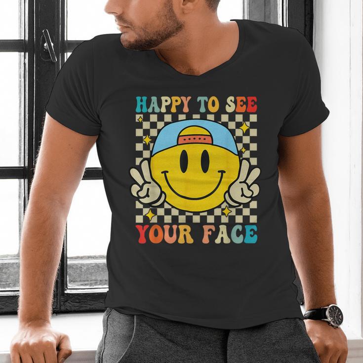 Happy To See Your Face Hippie Smile Back To School Teachers Men's V-Neck T-Shirt, gift for family, gift for coworker Happy To See Your Face Hippie Smile Back To School Teachers Men's V-Neck T-Shirt, gift for family, gift for coworker