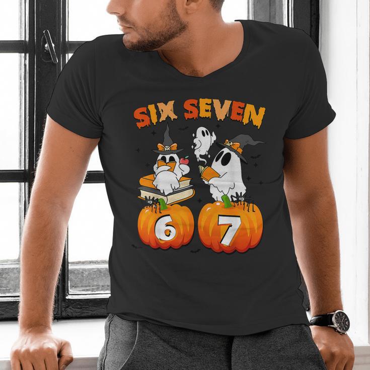Haunted By 67 Boo Ghost Pumpkin Halloween Teacher Men's V-Neck T-Shirt, gift for family, gift for coworker