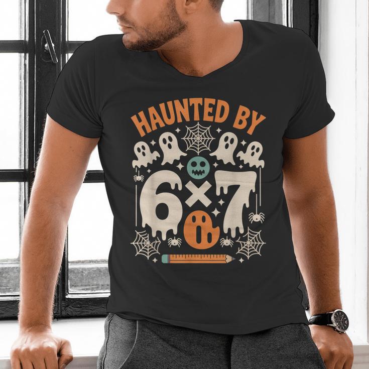 Haunted By 6x7 Math Teacher Halloween Pun Men's V-Neck T-Shirt, gift for family, gift for coworker