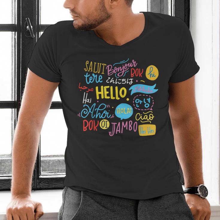 Hello Word In Different Languages Travel And Teacher Lover Men's V-Neck T-Shirt, gift for family, gift for coworker