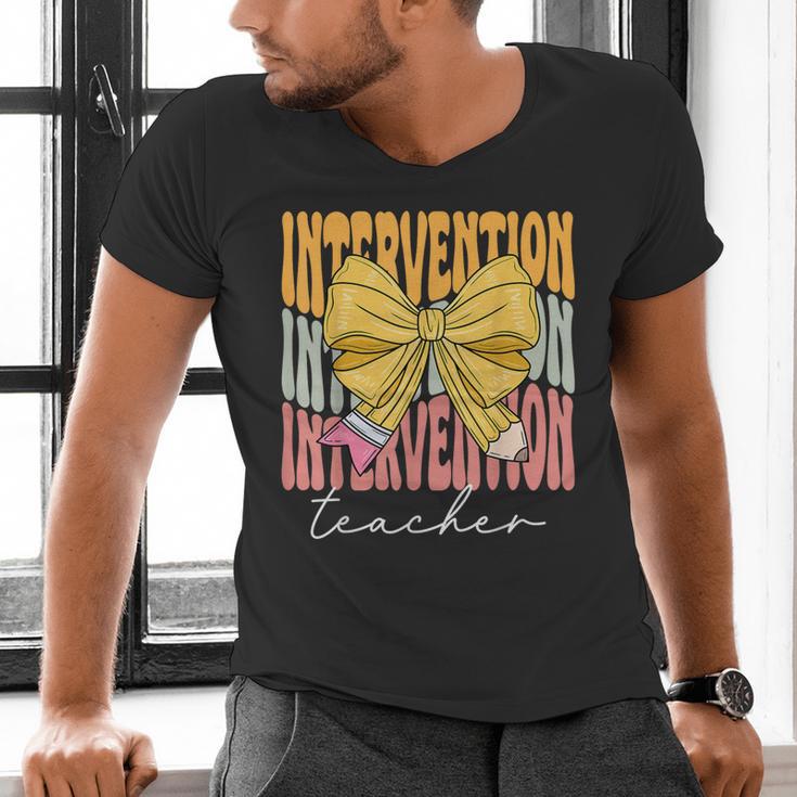 Interventionist Teacher Groovy Coquette Bow Back To School Men's V-Neck T-Shirt, Groovy Teacher Shirts, gift for family, gift for coworker Interventionist Teacher Groovy Coquette Bow Back To School Men's V-Neck T-Shirt, Groovy Teacher Shirts, gift for family, gift for coworker