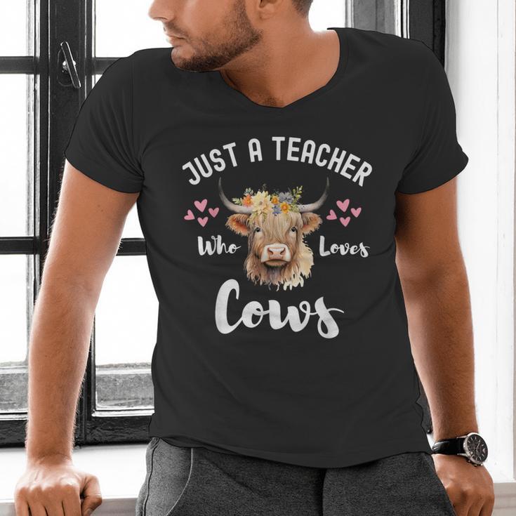 Just A Teacher Who Loves Cows Shirt Cute Highland Cow Men's V-Neck T-Shirt, gift for family, gift for coworker