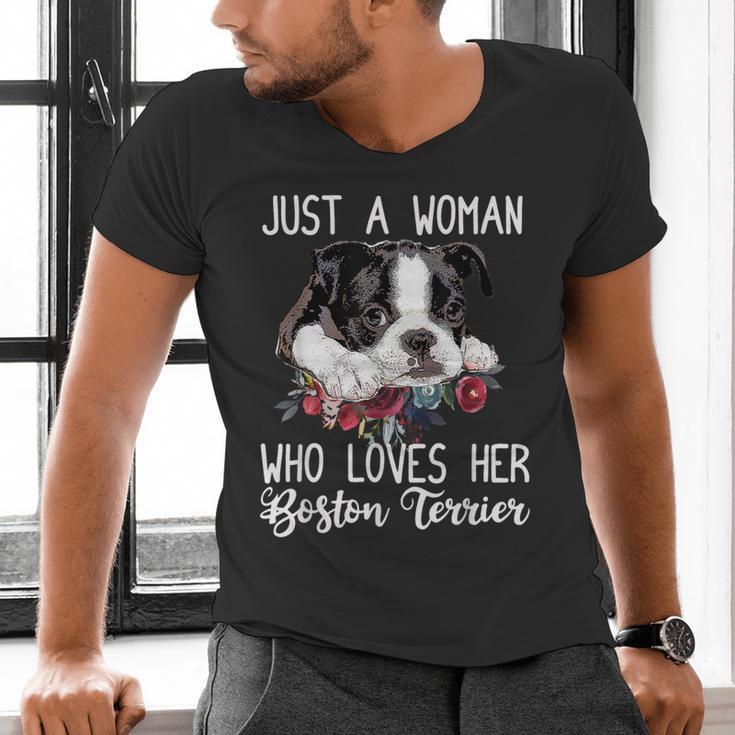 Just a Woman Who Loves Her Boston Terrier Cute Dog Mom Men's V-Neck T-Shirt, Boston Terrier Mom Shirts, gift for family, gift for coworker