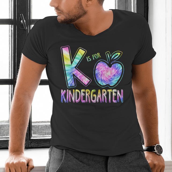K Is For Kindergarten Teacher Tie Dye Back To School Kinder Men's V-Neck T-Shirt, gift for family, gift for coworker K Is For Kindergarten Teacher Tie Dye Back To School Kinder Men's V-Neck T-Shirt, gift for family, gift for coworker