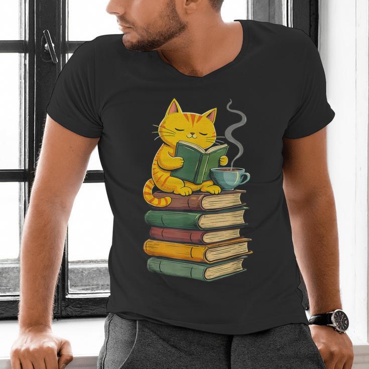 Kawaii Cats Lover Coffee Books Teacher Librarian Cat Men's V-Neck T-Shirt, gift for family, gift for coworker