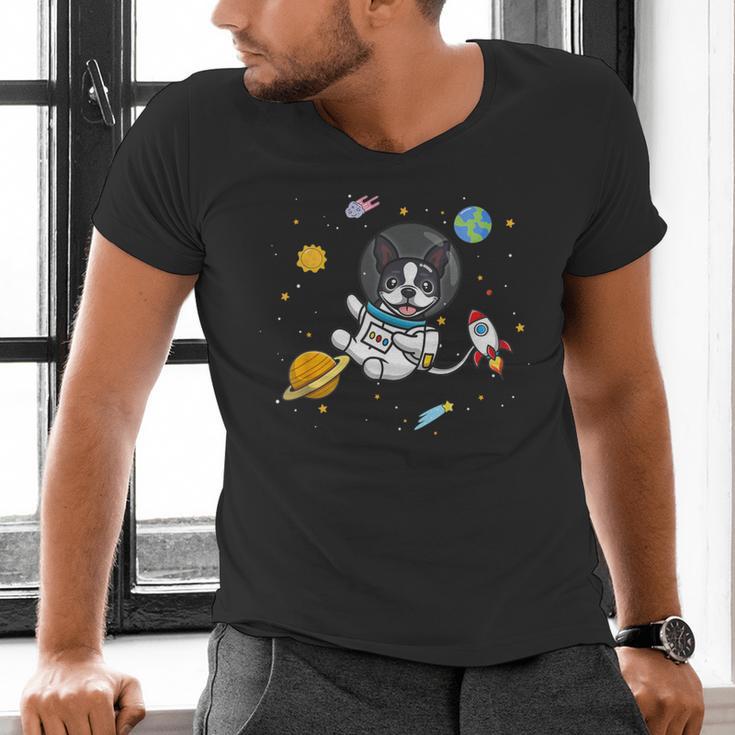 Kawaii Kids & Boys Astronaut Space Boston Terrier Dog Lover Men's V-Neck T-Shirt, gift for family, gift for coworker