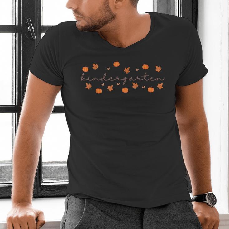 Kindergarten Teacher Pumpkin Autumn Leaves Kinder Team Fall Men's V-Neck T-Shirt, gift for family, gift for coworker Kindergarten Teacher Pumpkin Autumn Leaves Kinder Team Fall Men's V-Neck T-Shirt, gift for family, gift for coworker