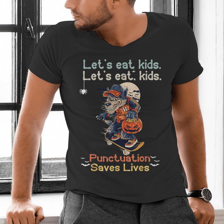 Let's Eat Kids Grammar Werewolf Halloween Teacher Men's V-Neck T-Shirt, gift for family, gift for coworker