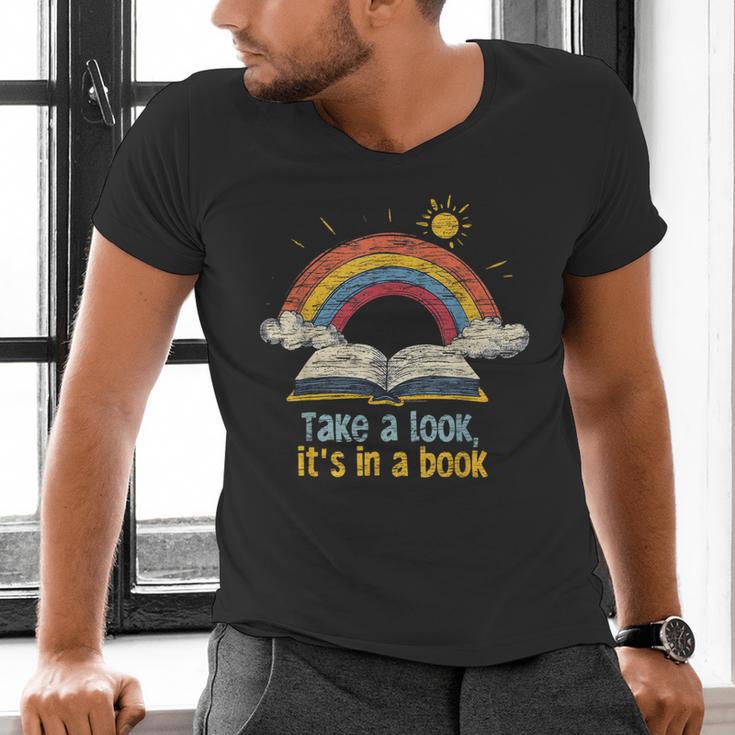 Take a Look It's In a Book Vintage Reading Teacher Rainbow Men's V-Neck T-Shirt, gift for family, gift for coworker Take a Look It's In a Book Vintage Reading Teacher Rainbow Men's V-Neck T-Shirt, gift for family, gift for coworker