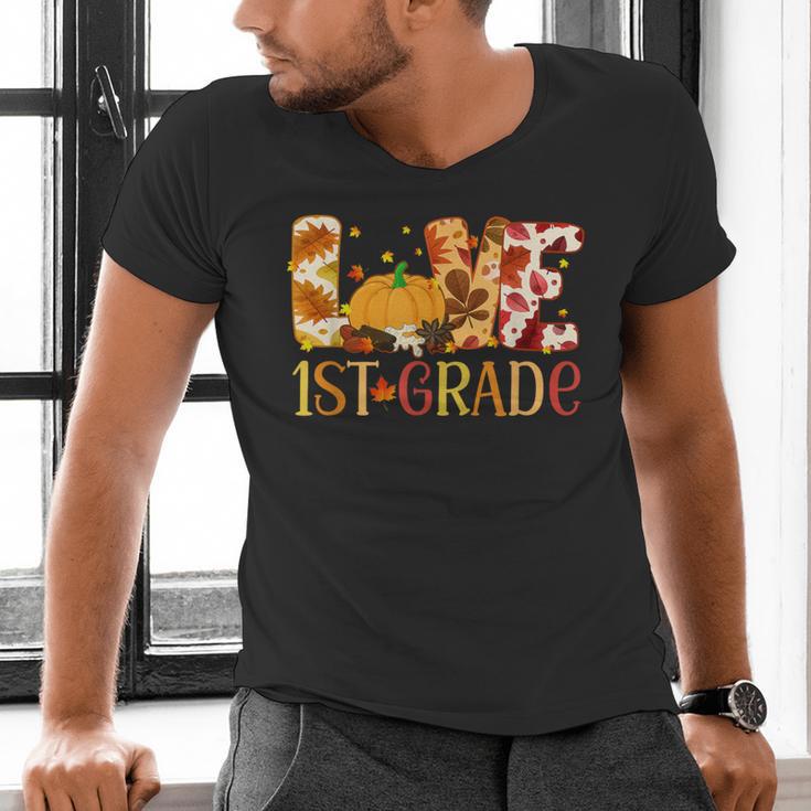 Love First Grade Happy Fall Thanksgiving Women 1st Teacher Men's V-Neck T-Shirt, First Grade Teacher Shirts, gift for family, gift for coworker