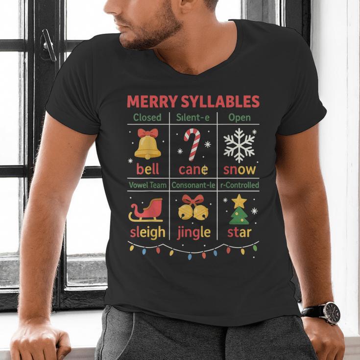 Merry Syllables Teacher Christmas Educational Kids Men's V-Neck T-Shirt, gift for family, gift for coworker