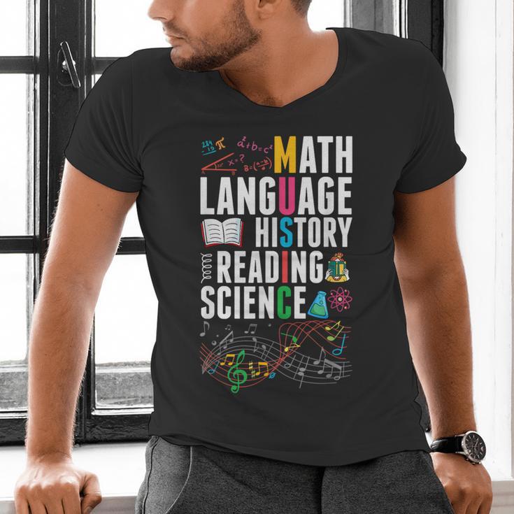 Music Teacher Music Math Language History Reading Science Men's V-Neck T-Shirt, Science Teacher Shirts, History Teacher Shirts, gift for family, gift for coworker