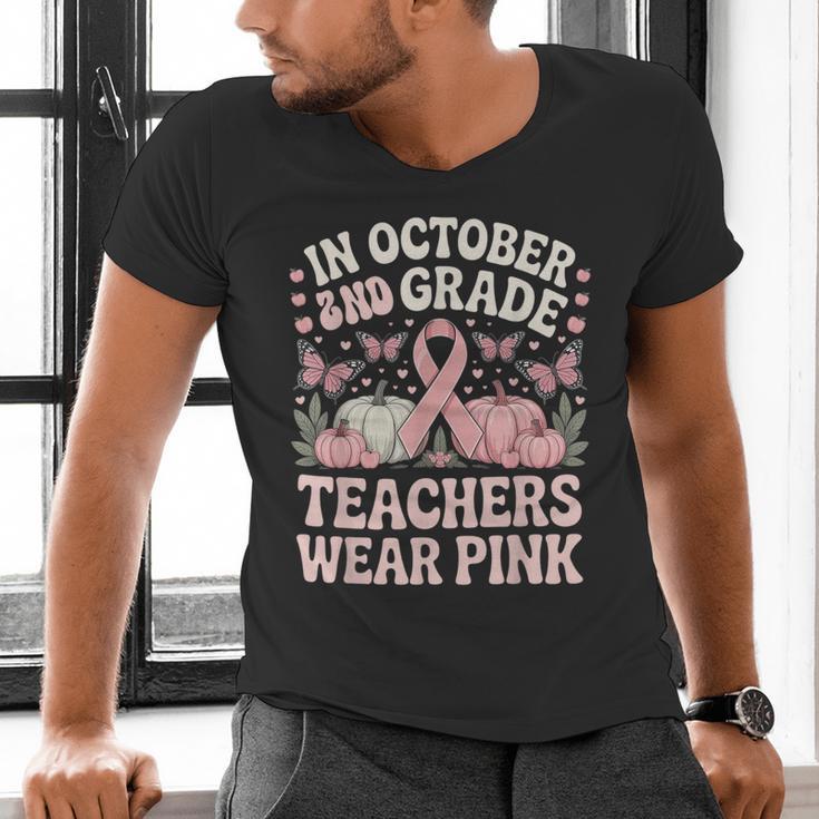 In October 2nd Grade Teachers Wear Pink Ribbon Breast Cancer Men's V-Neck T-Shirt, gift for family, gift for coworker