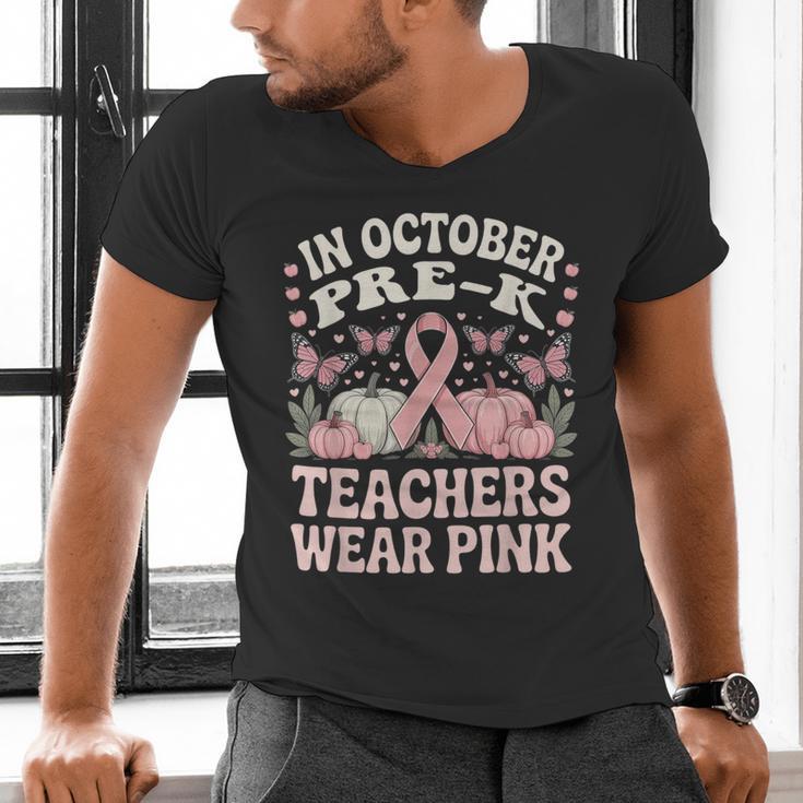 In October Pre-K Teachers Wear Pink Ribbon Breast Cancer Men's V-Neck T-Shirt, gift for family, gift for coworker