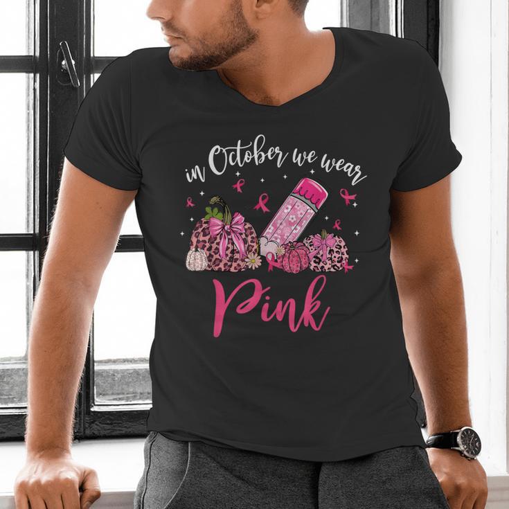 In October We Wear Pink Apple Teacher Daisy Breast Cancer Men's V-Neck T-Shirt, gift for family, gift for coworker